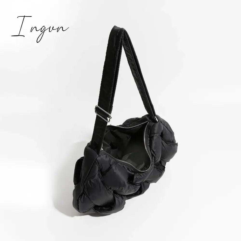Ingvn - Black Woven Design Padded Shoulder Hobo Bag Cotton Down Crossbody Puffer Purse Big Women Winter Sling Handbag
