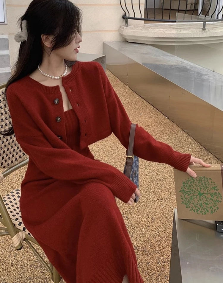 Elegant Red Knitting Dress Women Korean Fashion Office Lady Two Piece Dress Female Winter Warm Casual Christmas Party Dress