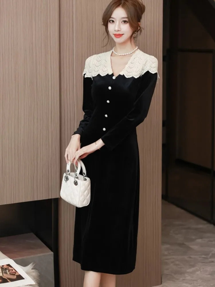 Elegant Patchwork Black Velvet Midi Dresses for Women Autumn Vintage Wedding Party Slim Long Sleeve One Piece Female Clothes New
