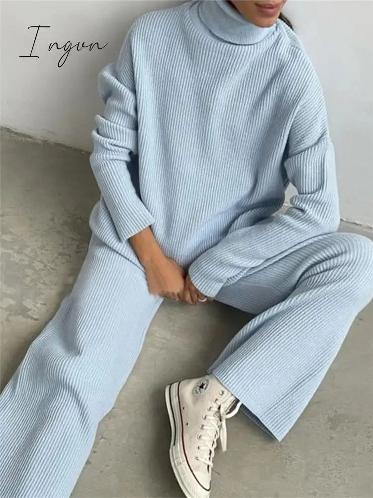 Ingvn - Autumn Winter 2 Pieces Women Sets Knitted Tracksuit Turtleneck Sweater and Wide Leg Jogging Pants Pullover Suit New