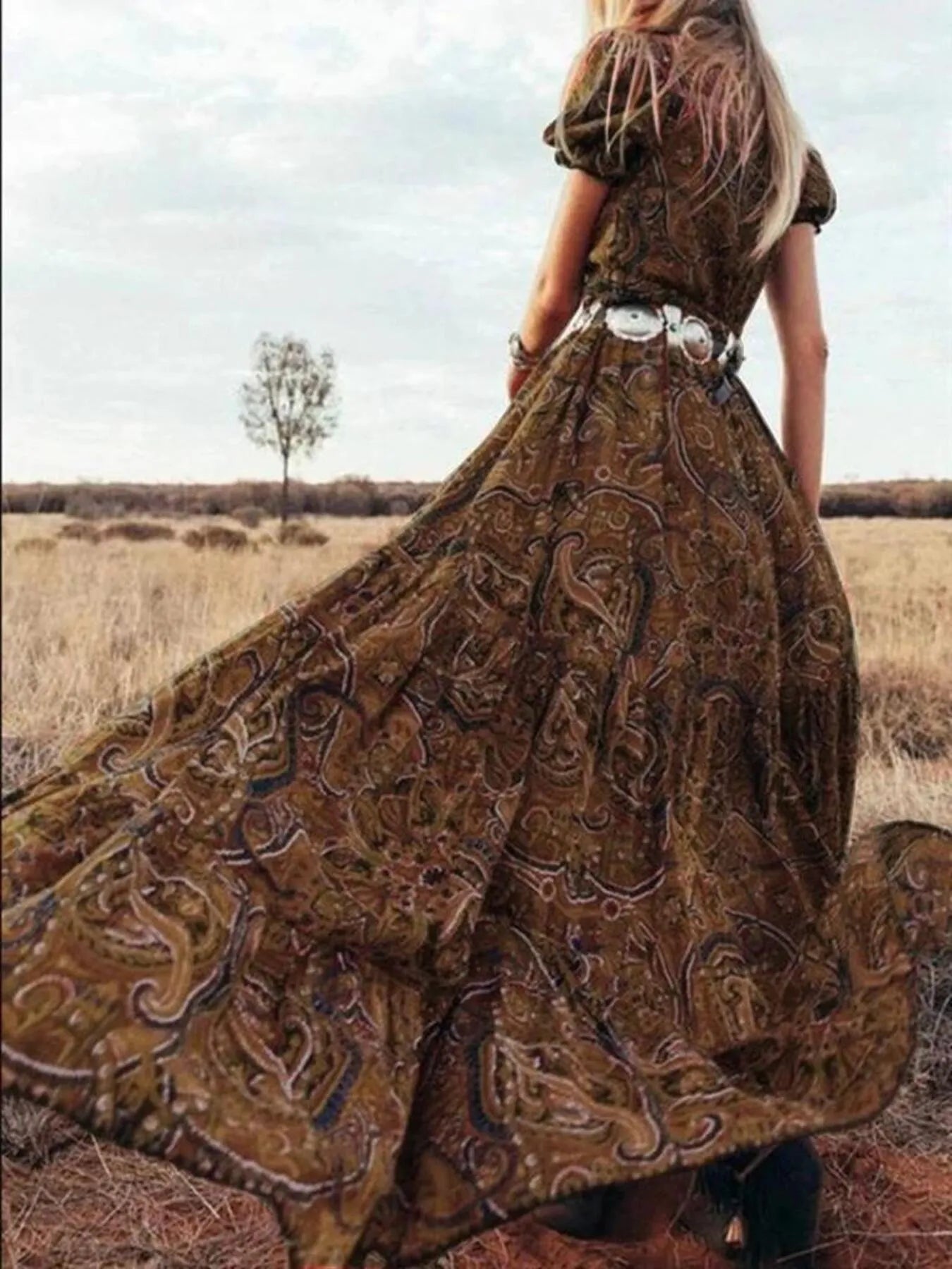 Full Size Printed Puff Sleeve Maxi Dress Plus Size