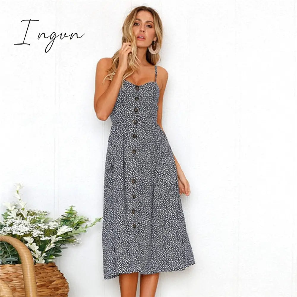 Ingvn - Boho Sexy Floral Dress Summer Vintage Casual Sundress Female Beach Dress Midi Button Backless Polka Dot Striped Women Dress