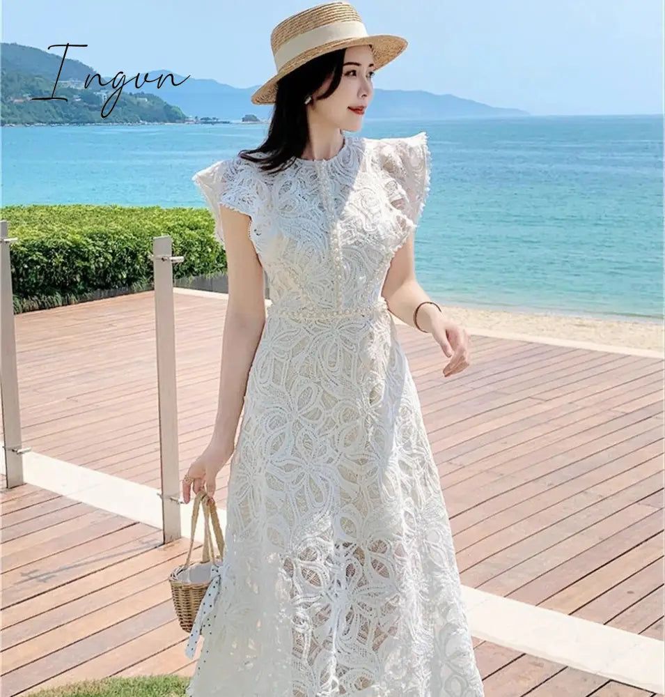 Ingvn - Summer Midi Long Dress For Women Celebrity Flower Embroidery Lace Robe Long Beaded Chain Diamond Chiffon Dresses