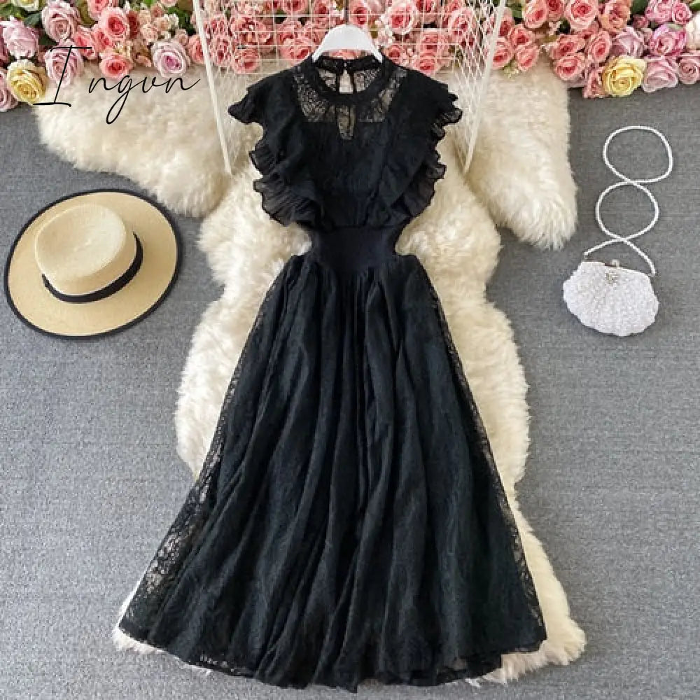 Ingvn - Vintage Purple/Green/Red Lace Midi Dress Women Sweet Round Neck Ruffle Vestidos Female High Waist Slim Robe Spring Autumn