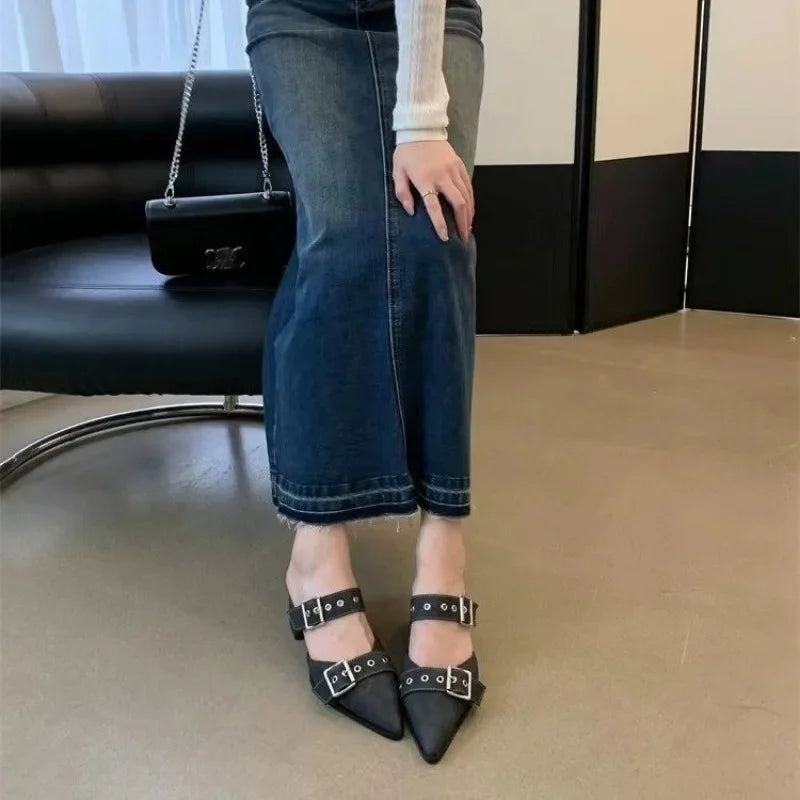 Mid Heels Women Slippers Pointed Toe Sexy Summer Chunky Sandals Fashion New Slingback Flip Flops Party Dress Mujer Slides