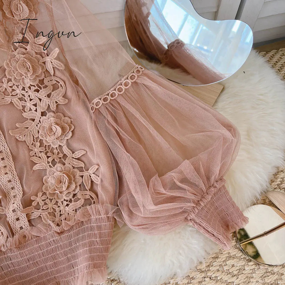 Ingvn - spring Women Mesh Tops Fashion Sexy Sheer Lace Blouse Lantern Sleeve 3D Floral Blouses Shirts Elegant Top Blusas Femininas