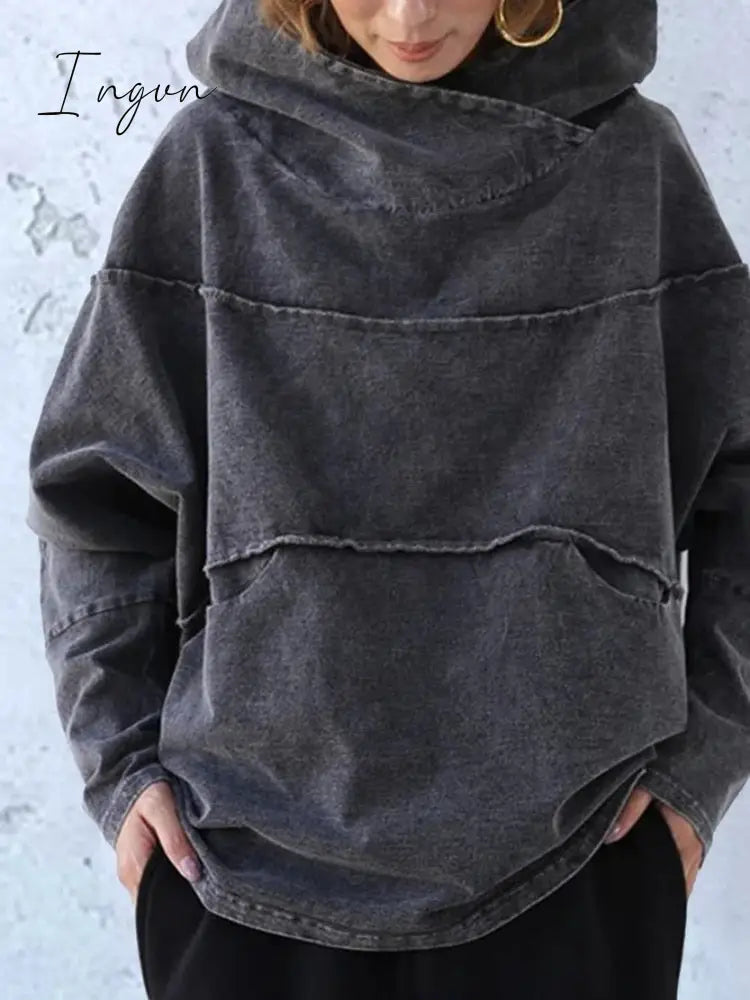 Ingvn - Loose Fit Washed Effect Solid Color Denim Hooded Sweatshirt