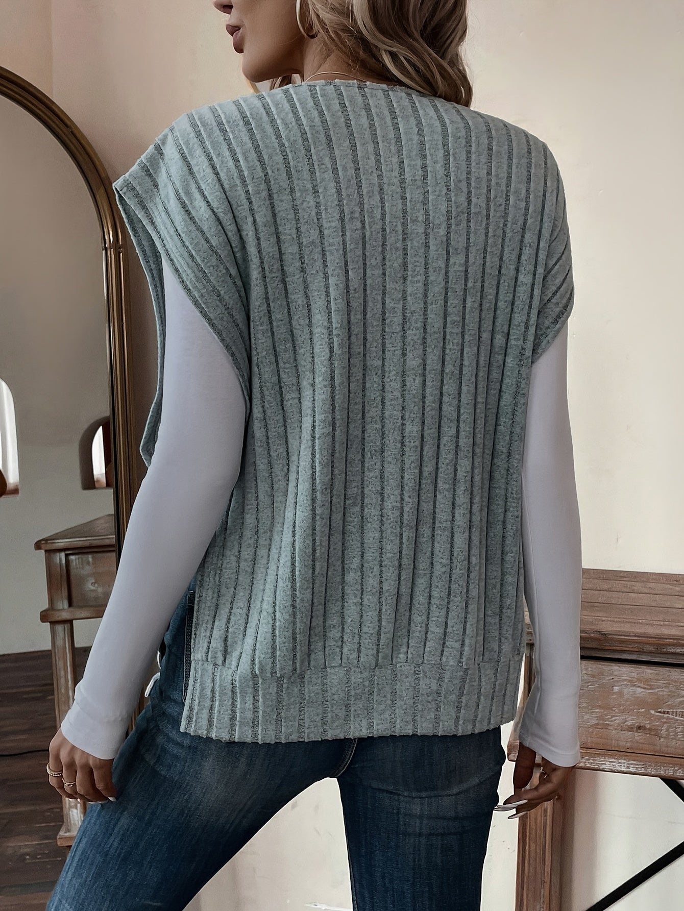 Solid V Neck Rib Knit Vest, Casual Split Side Sleeveless Loose Sweater Vest, Women's Clothing