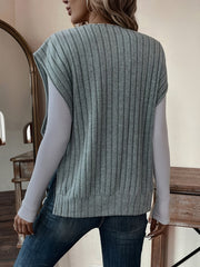 Solid V Neck Rib Knit Vest, Casual Split Side Sleeveless Loose Sweater Vest, Women's Clothing