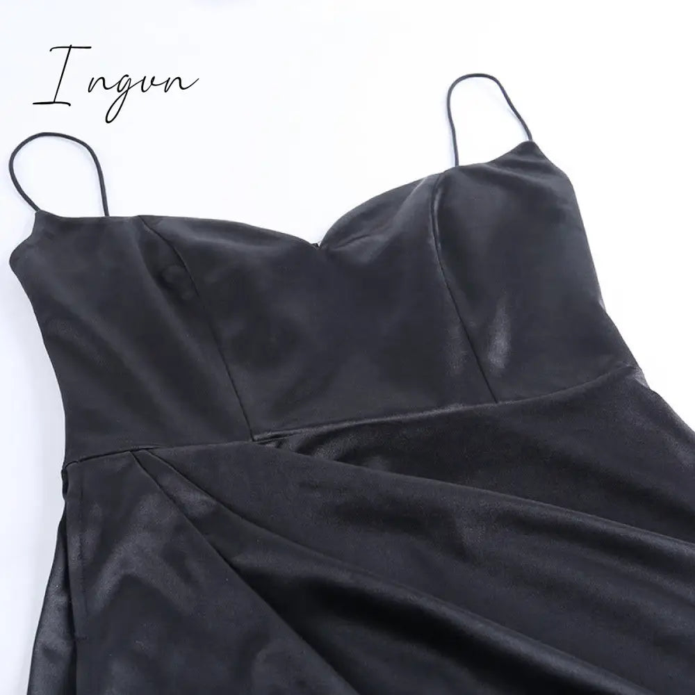 Ingvn - Summer Dresses For Women Sexy Black Satin Spaghetti Straps Low Cut Long Dress Women Summer Ruched Side High Split Maxi Dress Elegant Party Club