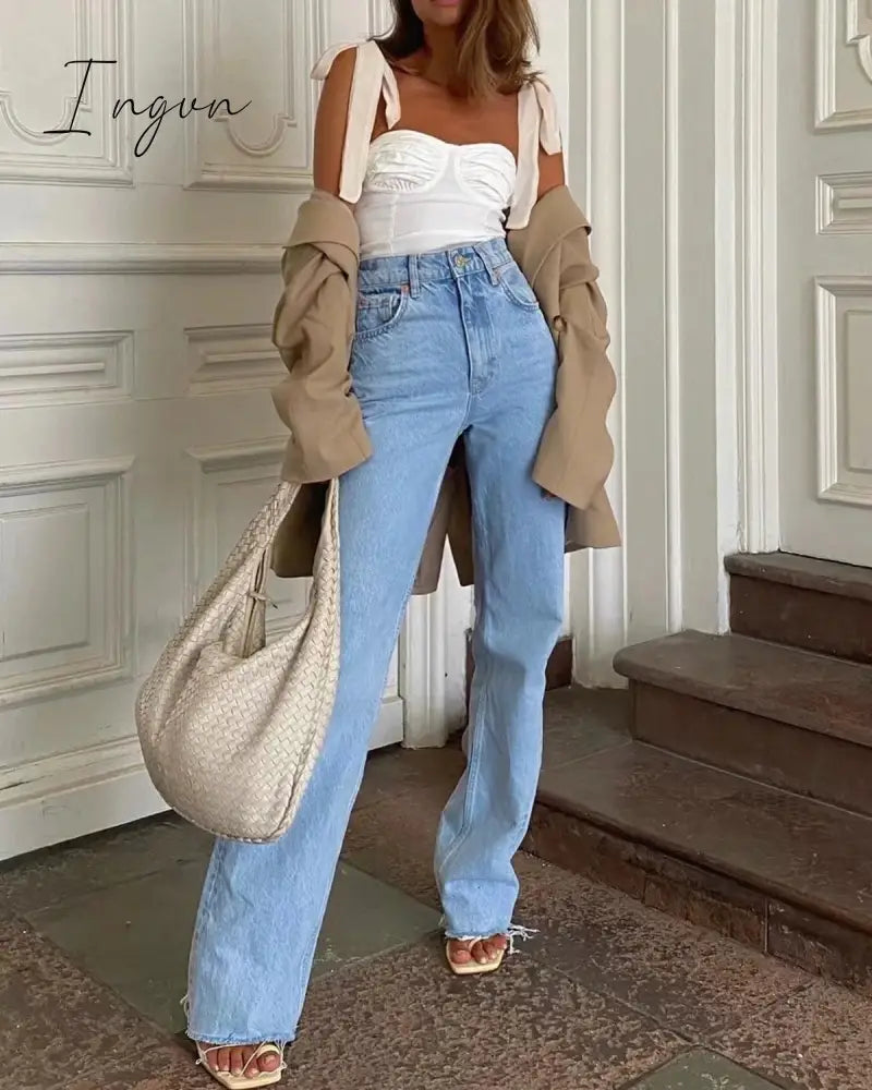 Ingvn - Spring Outfits Casual Fashion Straight Leg Women's Jeans Denim Bottom Harajuku Boyfriend Long High Waist Baggy Jeans Fall Pants
