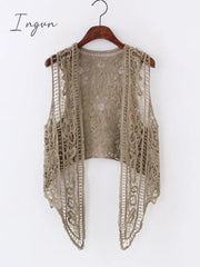 Ingvn - Asymmetric Open Stitch Cardigan Summer Beach Boho Hippie People Style Crochet Knit Embroidery Blouse sleeveless Vest