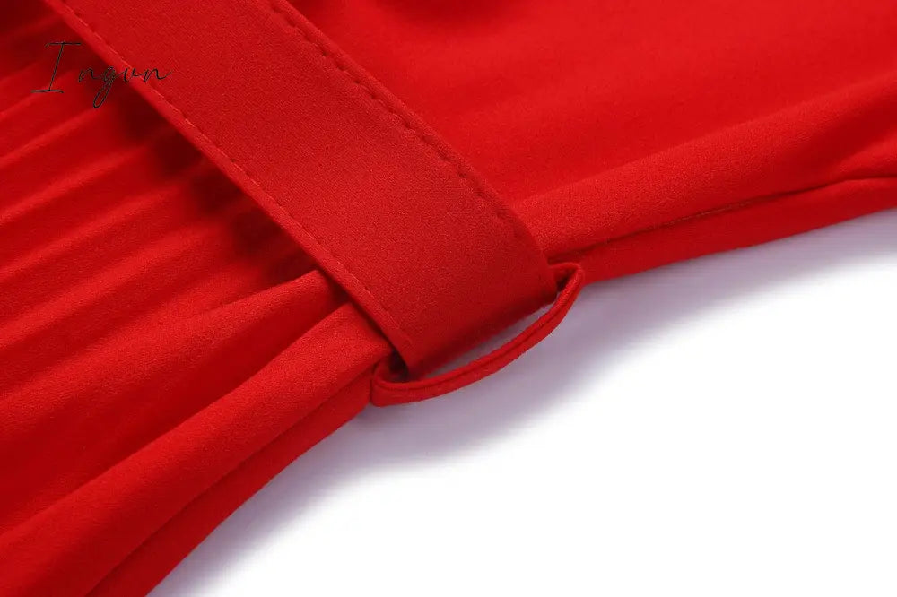 Ingvn - African Style Women Casual Belted Pleated Dress Elegant Chic Office Lady A-Line High Waist Dress Autumn Winter Fashion