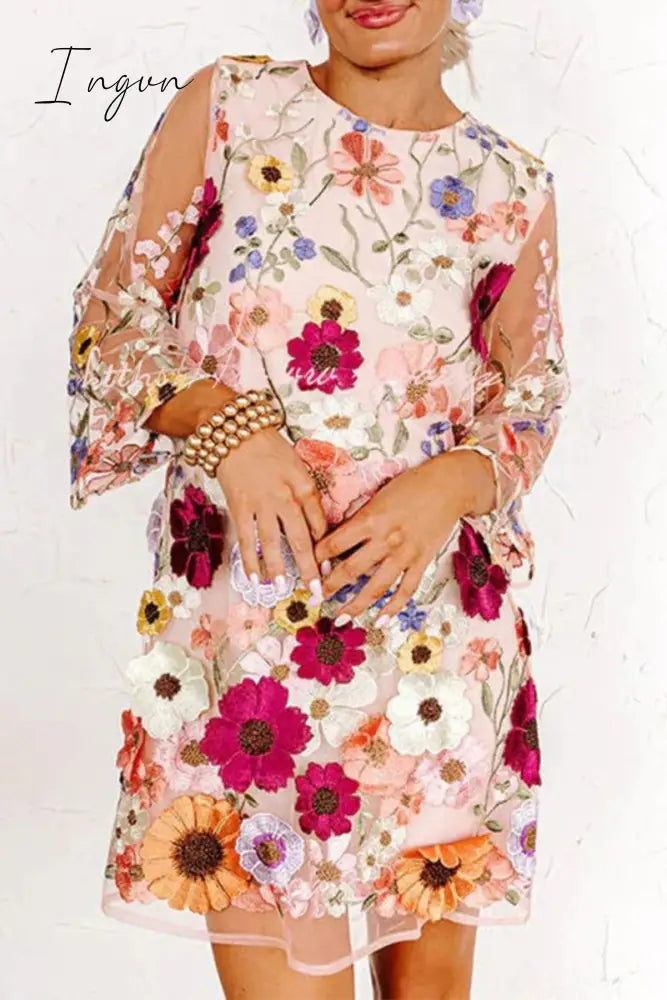 Ingvn - Sweet Elegant Color Block Appliques Wrapped Skirt Dresses