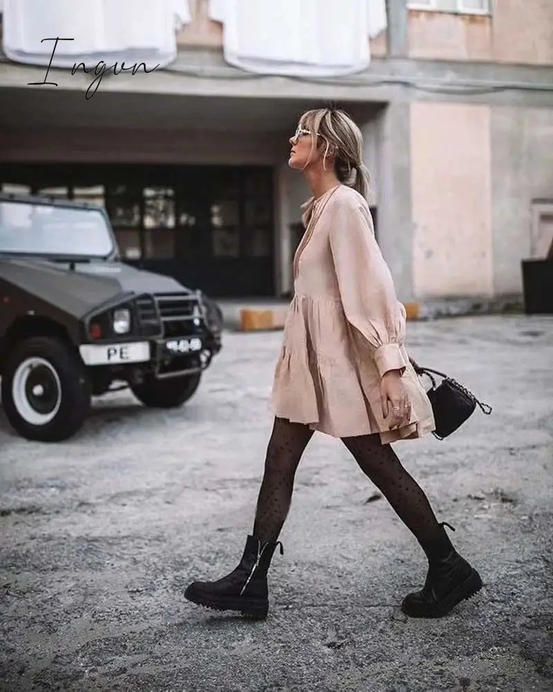 Ingvn - pleating women dress long sleeve spring autumn dress fashion ladies dress pockets mini sexy dress women