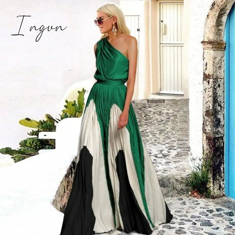 Ingvn - Summer Black Patchwork Inclined Off One Shoulder Women Dresses Contrast Color High Street Night Club Long Party Dress Clothing