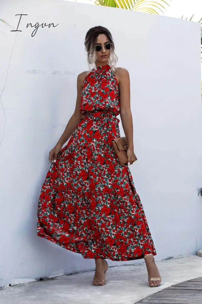 Ingvn - Summer Elegant  beach Women Dress long Print Flowers Polka-dot strap Ladies Halter boho Dress Vintage party ladies Dress