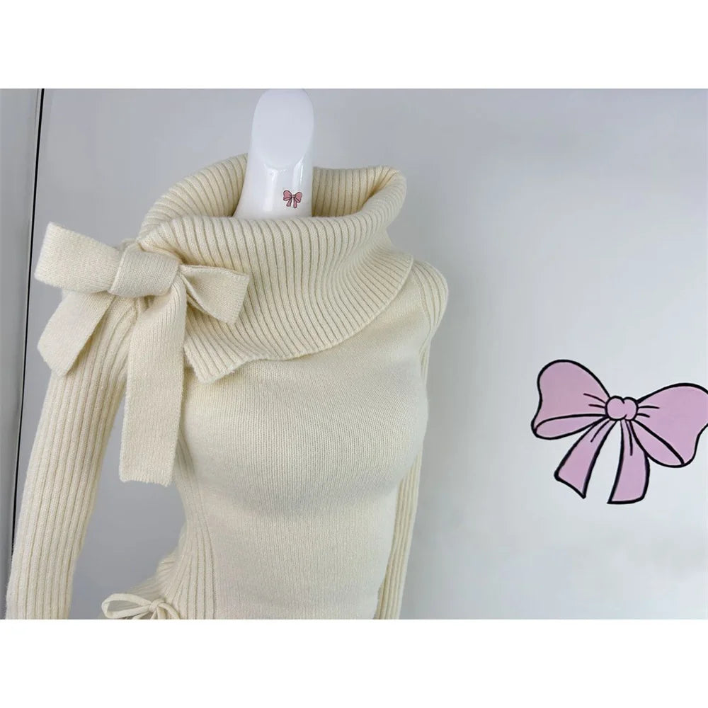 Voguable Autumn Winter Woman Kawaii Sweet 2 Piece Set Off Shoulder Bow Knitted Tops + Mini Cake Skirt Female Korean Fashion Casual Suits