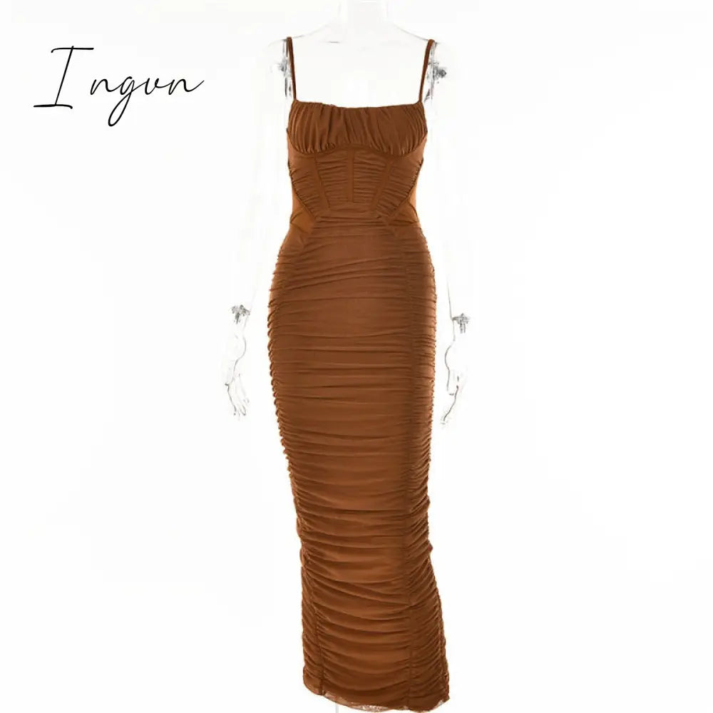 Ingvn - Summer Woman Dress Ruched Maxi Dress Bodycon Mesh Sexy Dress Stretchy Spaghetti Strap Dresses Elegant Long Evening Party Dresses