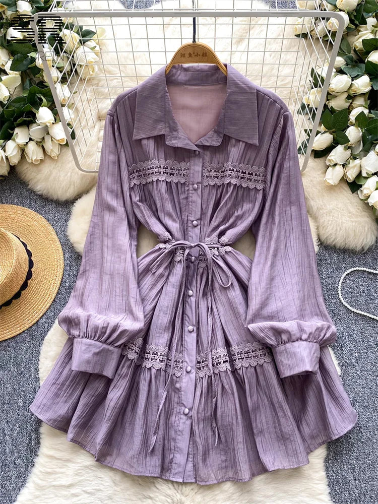 Gentle Korean Shirt Dress Female Single Breasted Lace Spliced Fashion Long Sleeve Women A Line Solid Autumn Chic Dress