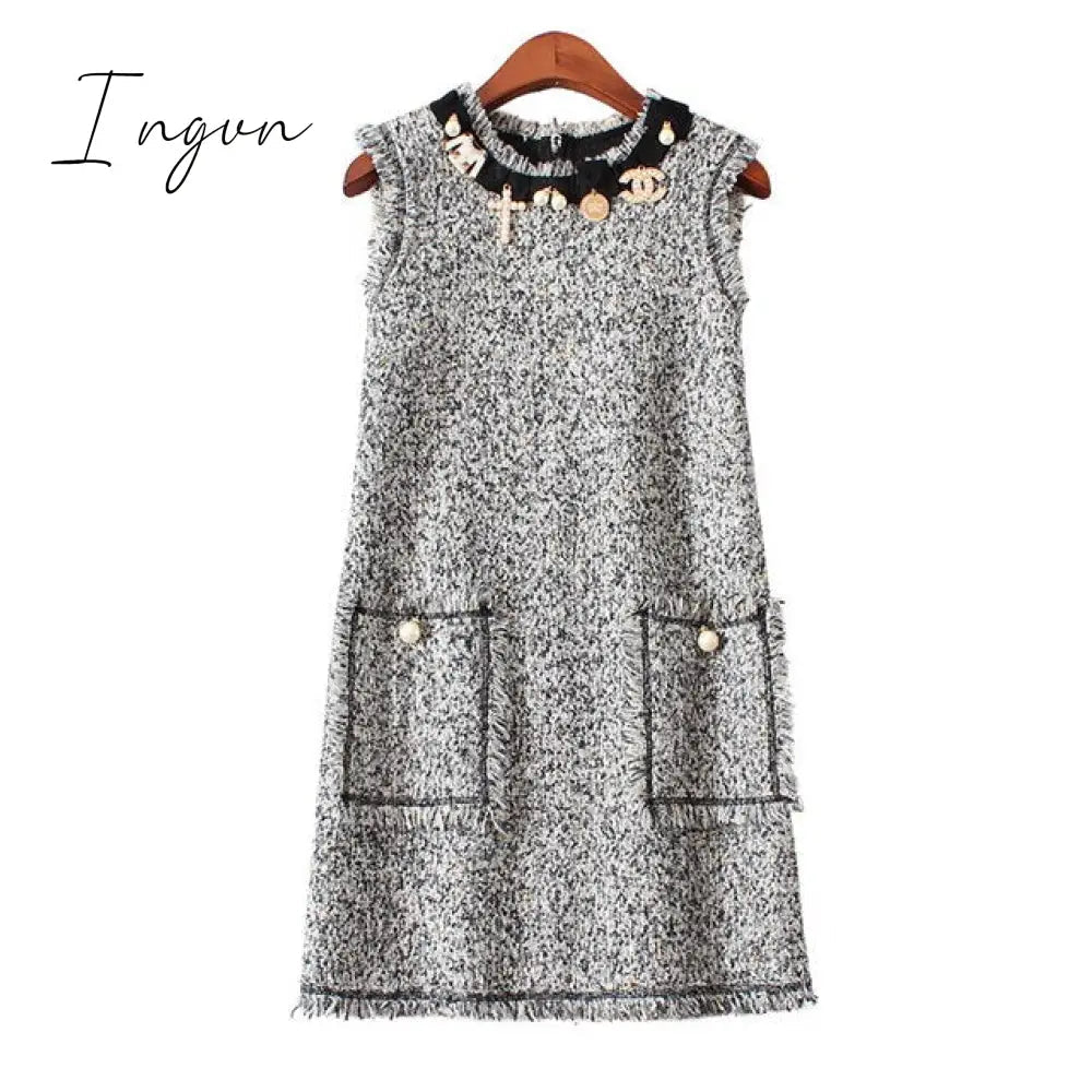 Ingvn - Trends 2023 high quality Brand Dress Sweet Diamonds Bead Pink Dress Robe Hiver Autumn Tweed Woolen Women Dress vestidos Robe Femme Jurken 2698