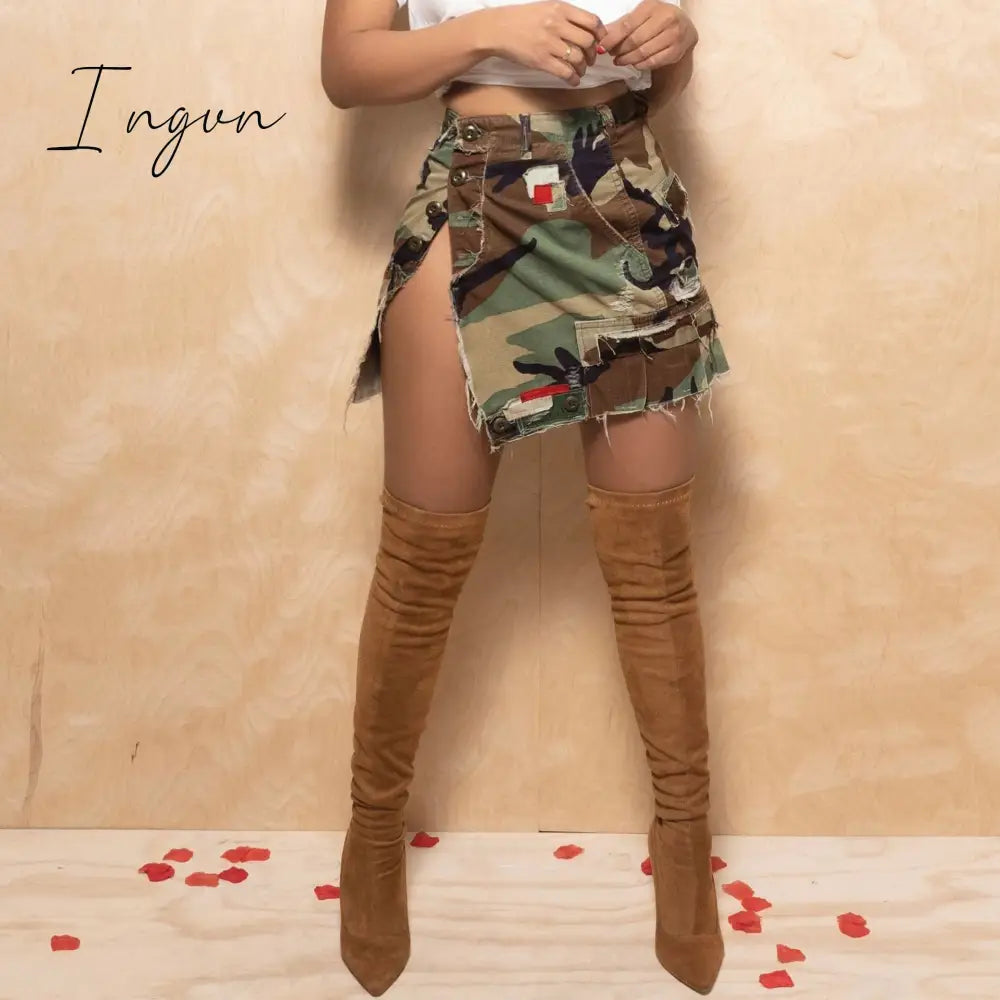 Ingvn - 2023 Summer Camo Skirt High Split Cargo Novelty Skirts for Women