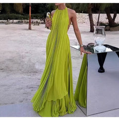 Women's Solid Color Round Neck Sleeveless Sexy Backless Beach Long Dress