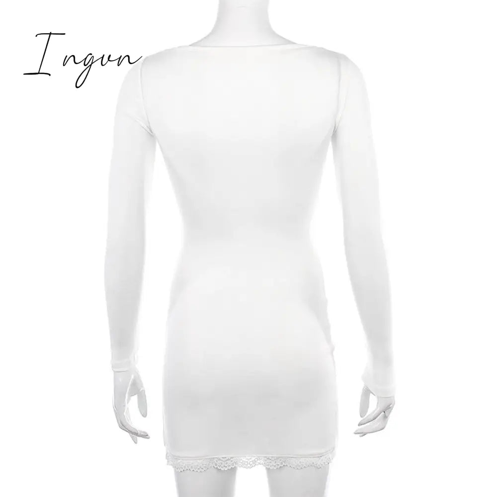 Ingvn - Women Winter Dress Women New Arrivals Sexy Long Sleeve Lace Split Black White Solid Party Dresses Vestidos