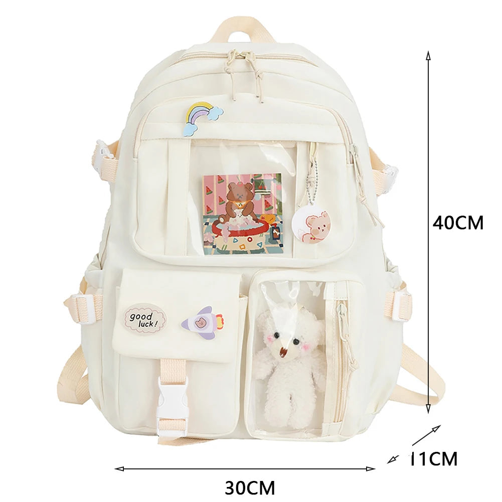 INGVN  Kawaii Aesthetic Women Backpack School Bag for Teen Girls Japanese Korean Rucksack Student Bookbags with Cute Accessor Mochila
