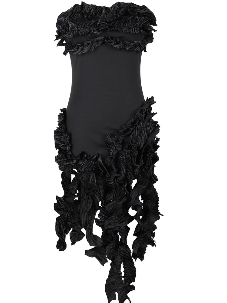Women Summer Strapless Ruffles Tassel Dress Girls Glamour Red Flower Irregular Party Dress Celebrities Outfits Clubwear