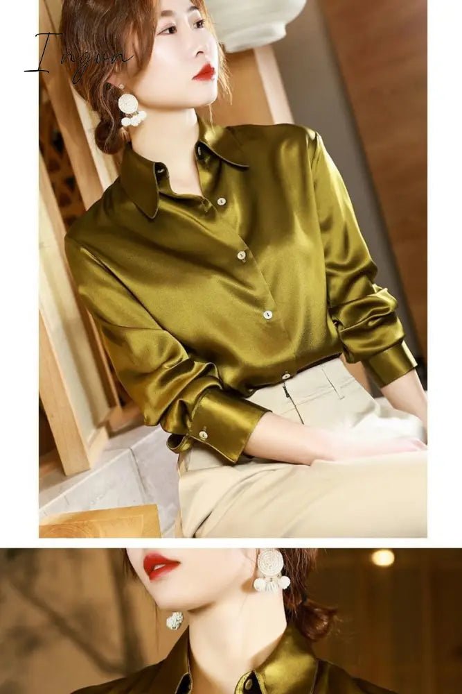 Ingvn - Brand Quality Luxury Women Shirt Elegant Office Button Up Long Sleeve Shirts Momi Silk Crepe Satin Blouses for Women Fashion Business Ladies Top