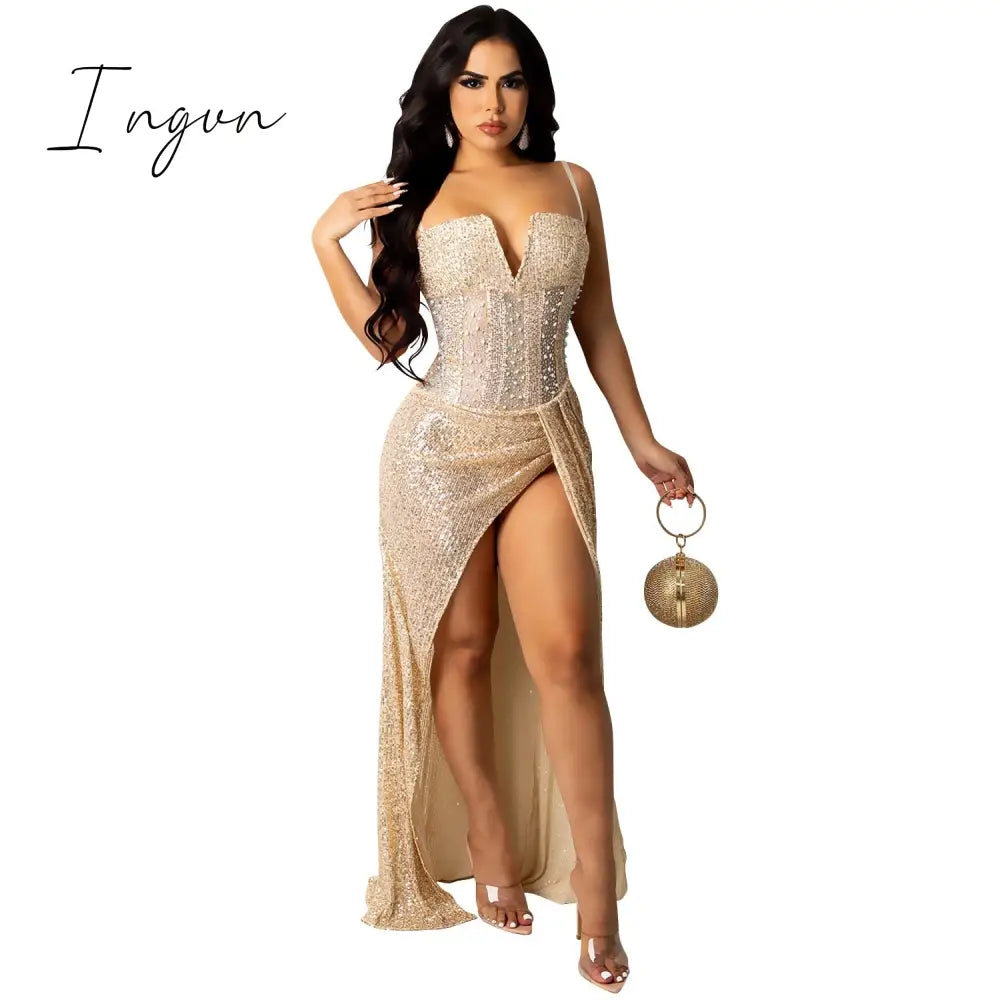 Ingvn - Sheer Mesh Diamonds Sequined Pearls High Split Long Dress For Women Straps Bodycon Long Vestidos Night Party Rhinestone Outfits