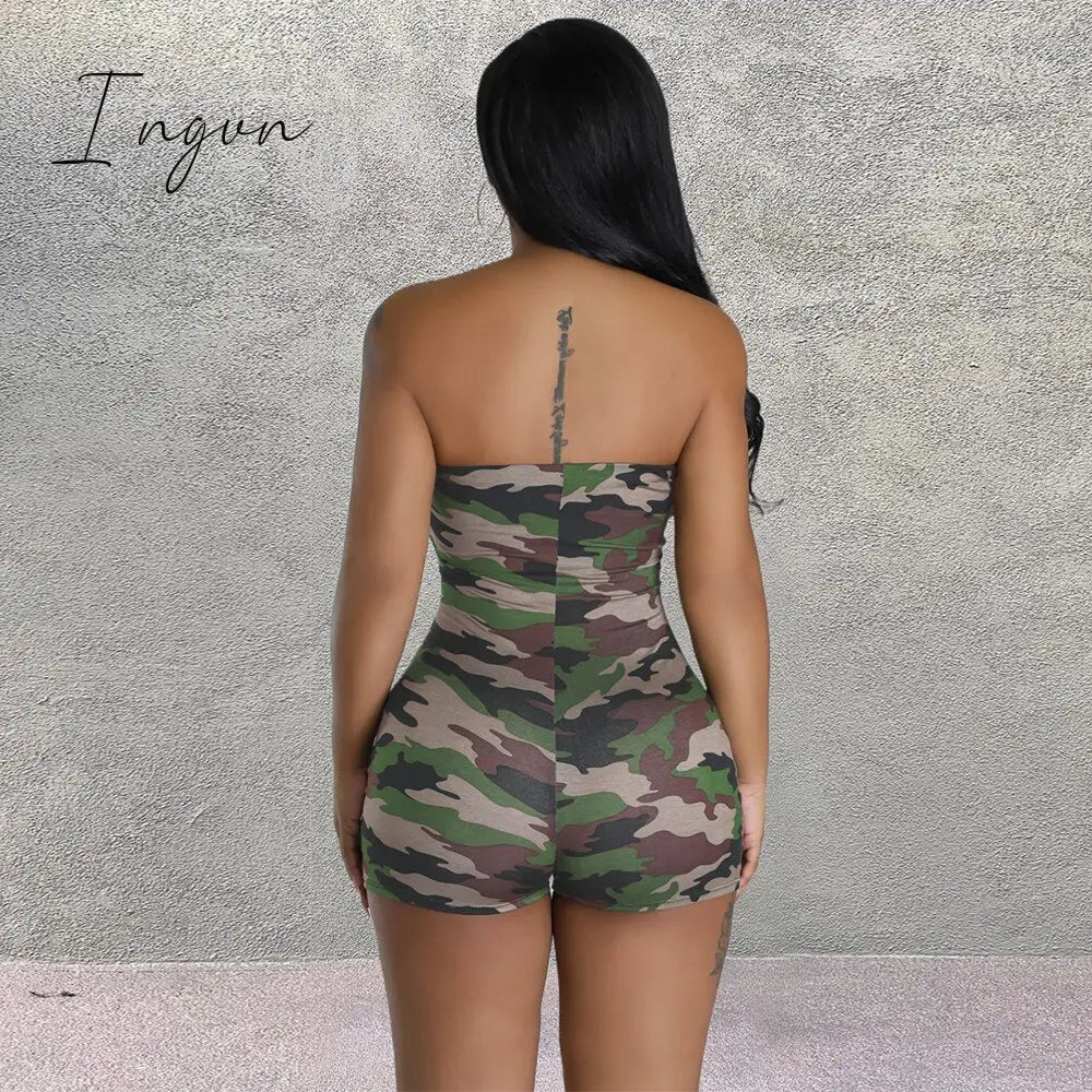 Ingvn - Sexy Camouflage Print Strapless Corset Bodycon Playsuits Women Backless Cut Out Shorts Jumpsuit 2023 Summer Harajuku Y2K Clothes