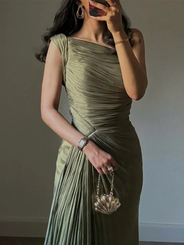 New Spring Summer Elegant Dress Women Fashion Vintage Sexy Dresses Solid Silm Sleeveless Folds Split Midi Dress