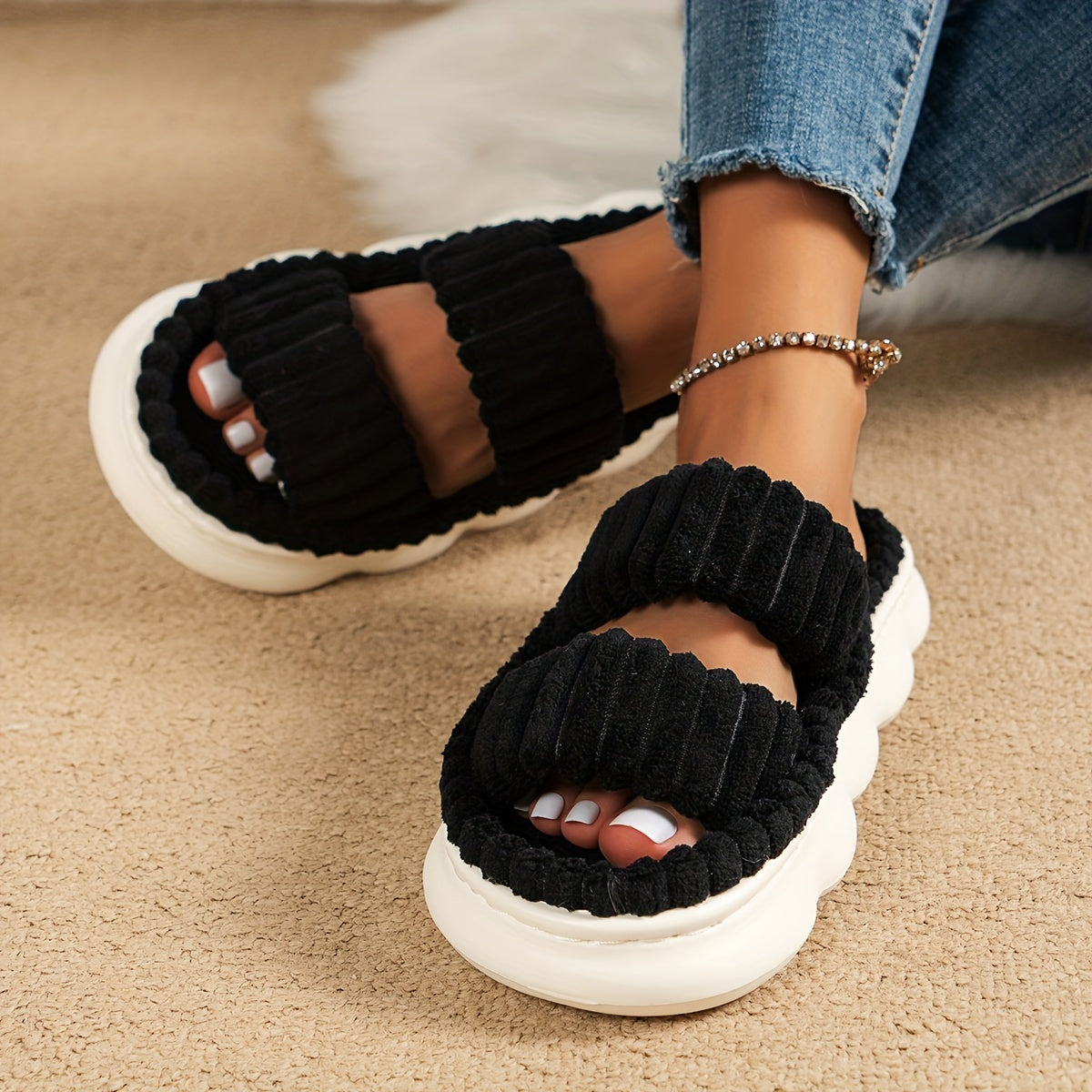 Ultimate Comfort Womens Plush Slippers - Luxurious Platform, Two-Band Open Toe Design, Cloud Soft Sole, Ultra-Fuzzy - Perfect Indoor Sanctuary Slippers for Home
