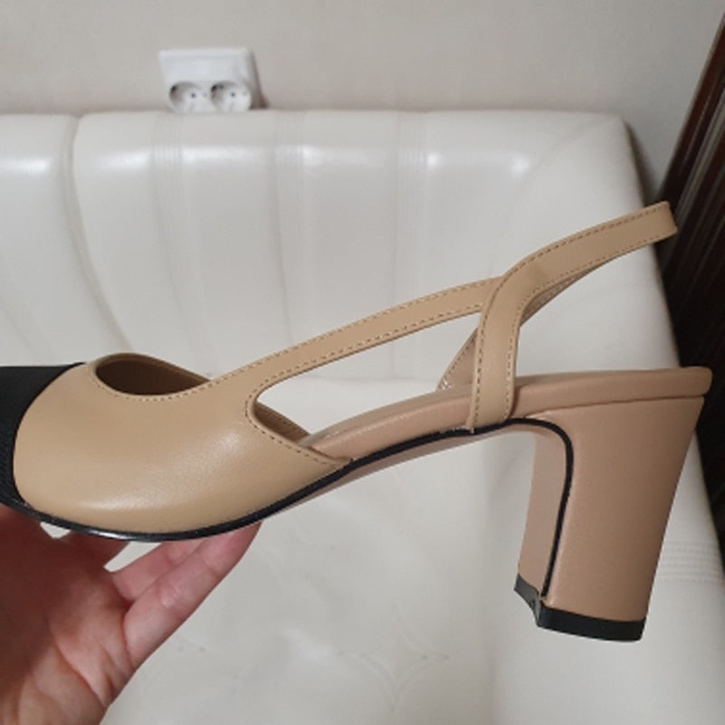 Meotina Low Heels Real Leather Slingbacks Shoes Women Square Toe Pumps Thick Heel Shoes Brand Design Lady Footwear  Size 40