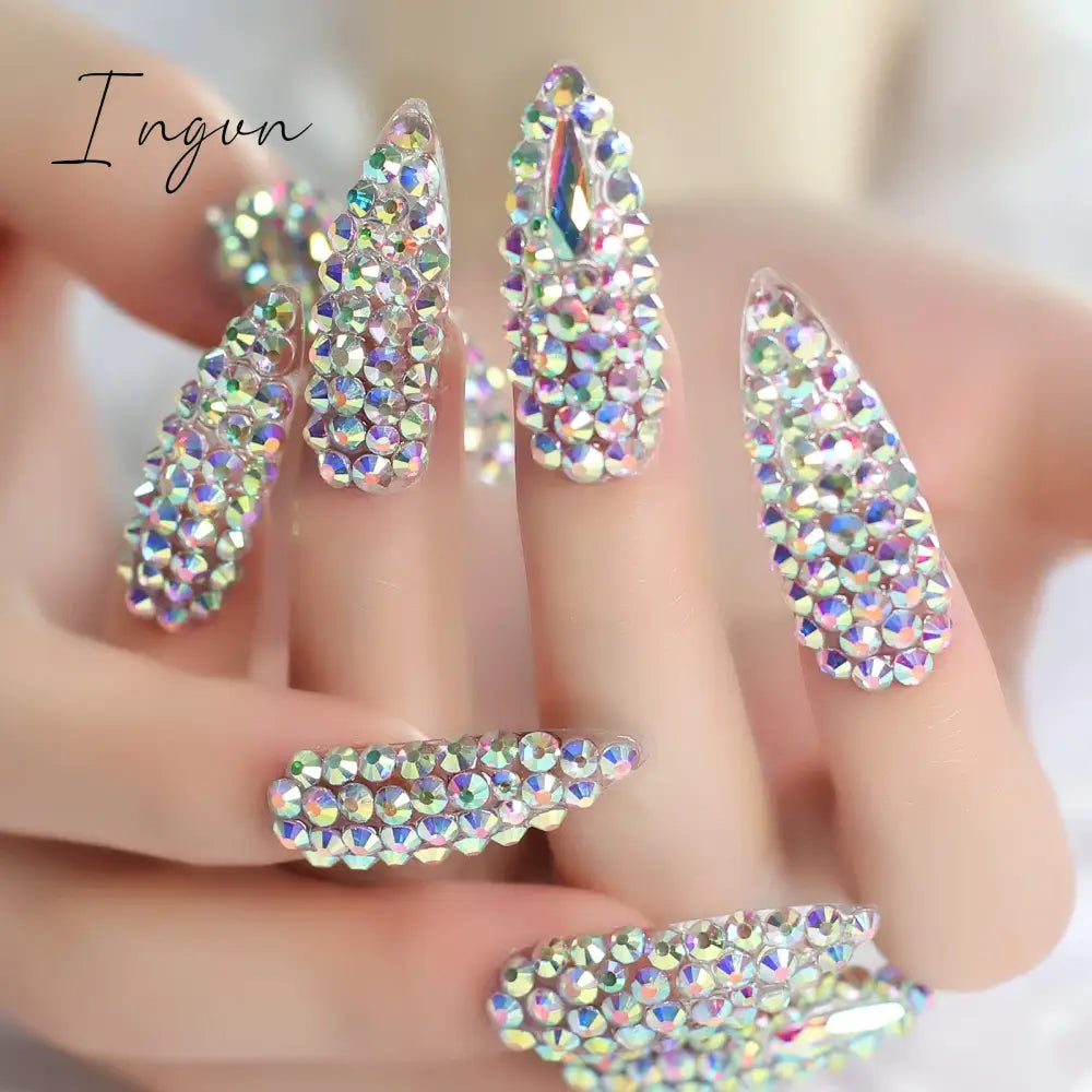 Extra Long Stiletto Press on False Nails Full Cover 3D Rhinestone Fake Nails Manicure Nail Art Tips Set for Wedding Party
