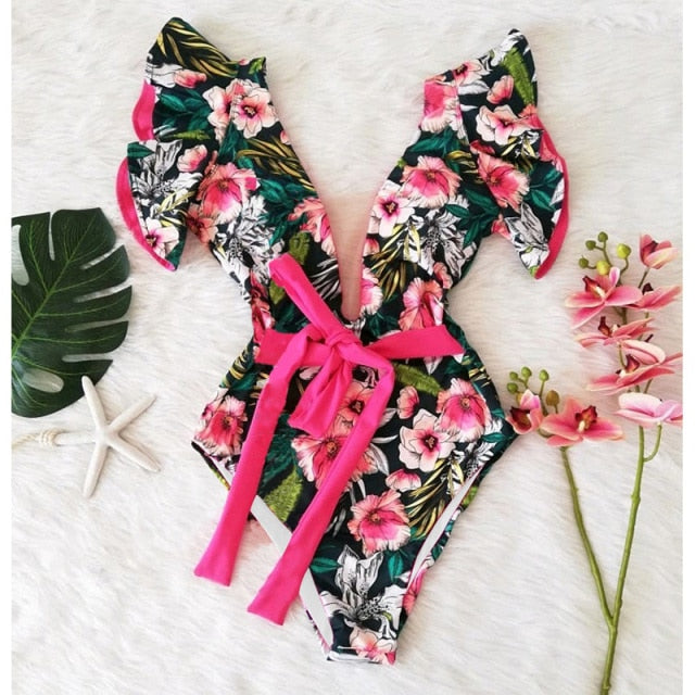 New Sexy Ruffle Print Floral One Piece Swimsuit Off The Shoulder Swimwear Women Solid Deep-V Beachwear Bathing Suit Monkini