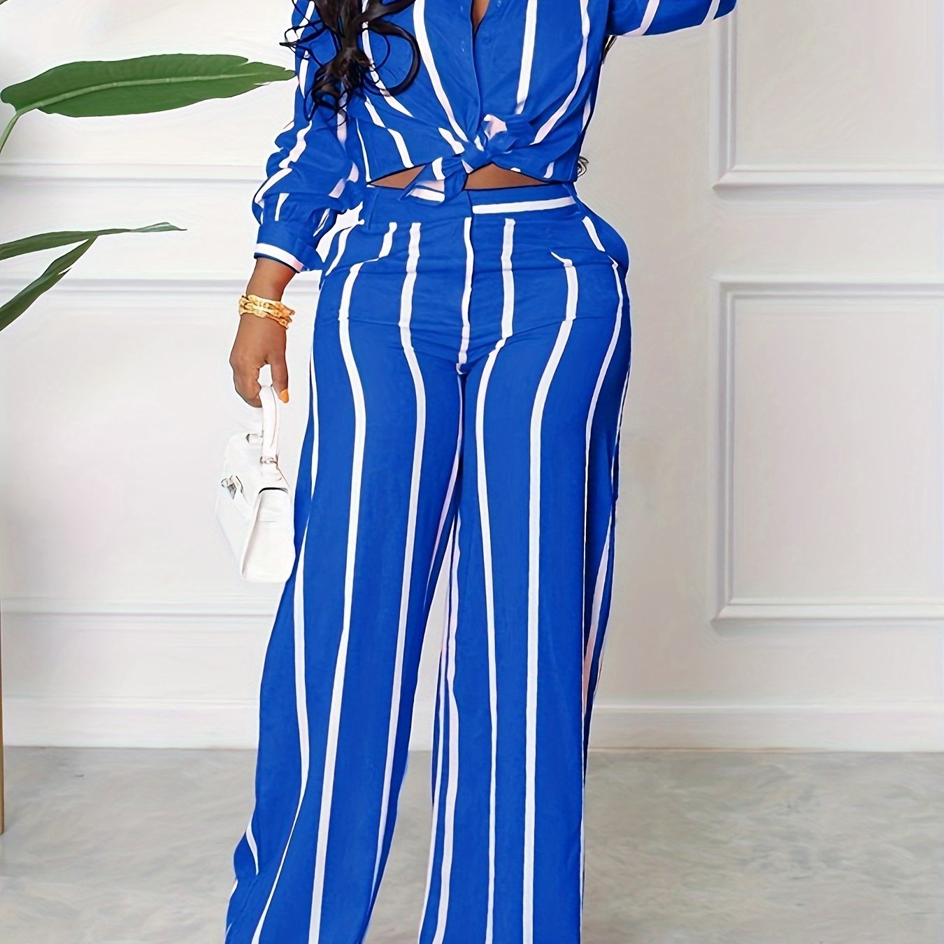 Striped Print Two-piece Set, Button Front Collar Long Sleeve Shirt & High Waist Wide Leg Loose Pants Set, Women's Clothing