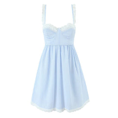 Women Lace Spliced Blue Striped Sling Short Dress Sexy Backless Bandage High Waist A-line Casual Summer Dresses