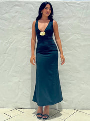 Elegant Deep V Neck Front Gold Clasp Sexy Maxi Dress For Women Black Gown Sleeveless Slim Fit Long Tank Dress Elegant
