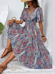 Plus Size Ethnic Floral Print Shirred Waist Dress, Casual Short Sleeve Dress For Spring & Summer, Women's Plus Size Clothing