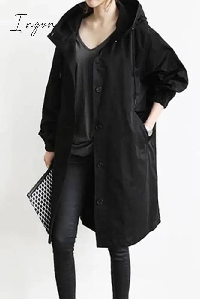 Ingvn - British Style Solid Pocket Buttons Hooded Collar Outerwear