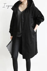 Ingvn - British Style Solid Pocket Buttons Hooded Collar Outerwear