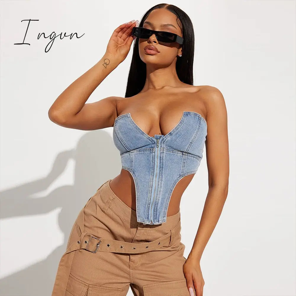 Ingvn - Summer New Irregular Strapless Zipper Denim Crop Top Corset Women Blue Jeans Tube Tops Party Clubwear Streetwear Clothes