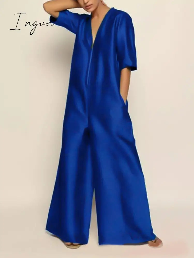 Ingvn - Solid Color Zipper V-neck Half Sleeves Wide Leg Jumpsuits For Women 2023 Summer New Stylish Casual Streetwear Jump Suits
