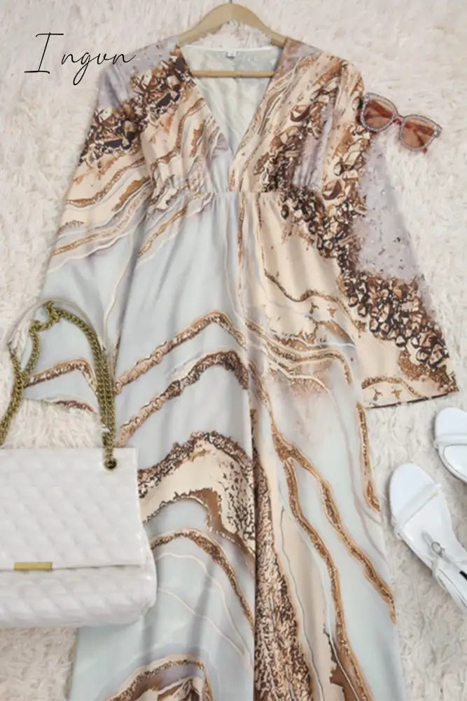 Ingvn - Casual Print Patchwork V Neck Trumpet Mermaid Dresses