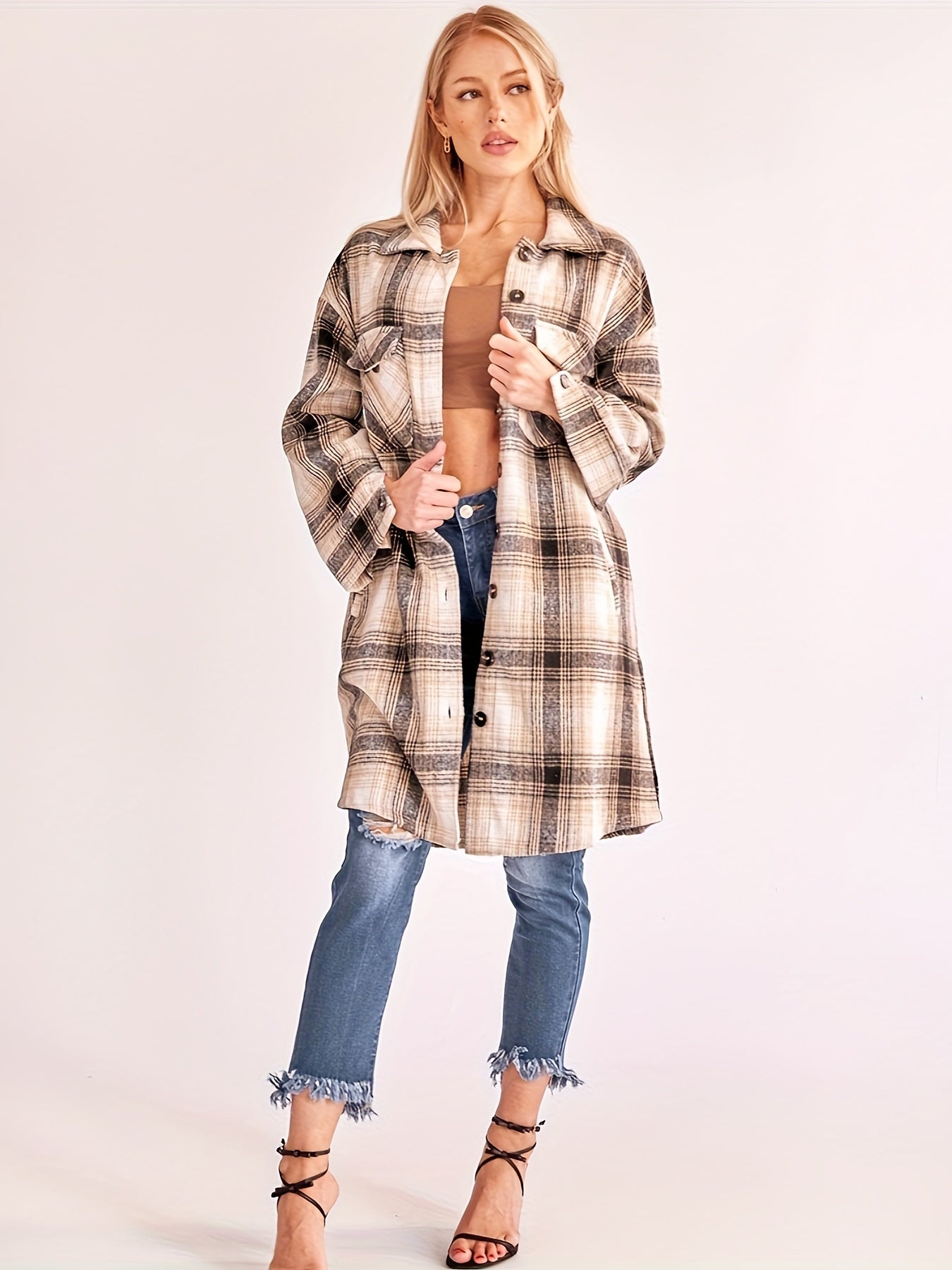 Stylish Long Plaid Cardigan Shirt Jacket Coat for Women - Retro Chic Outerwear for Cold Weather - Soft, Warm, and Cozy