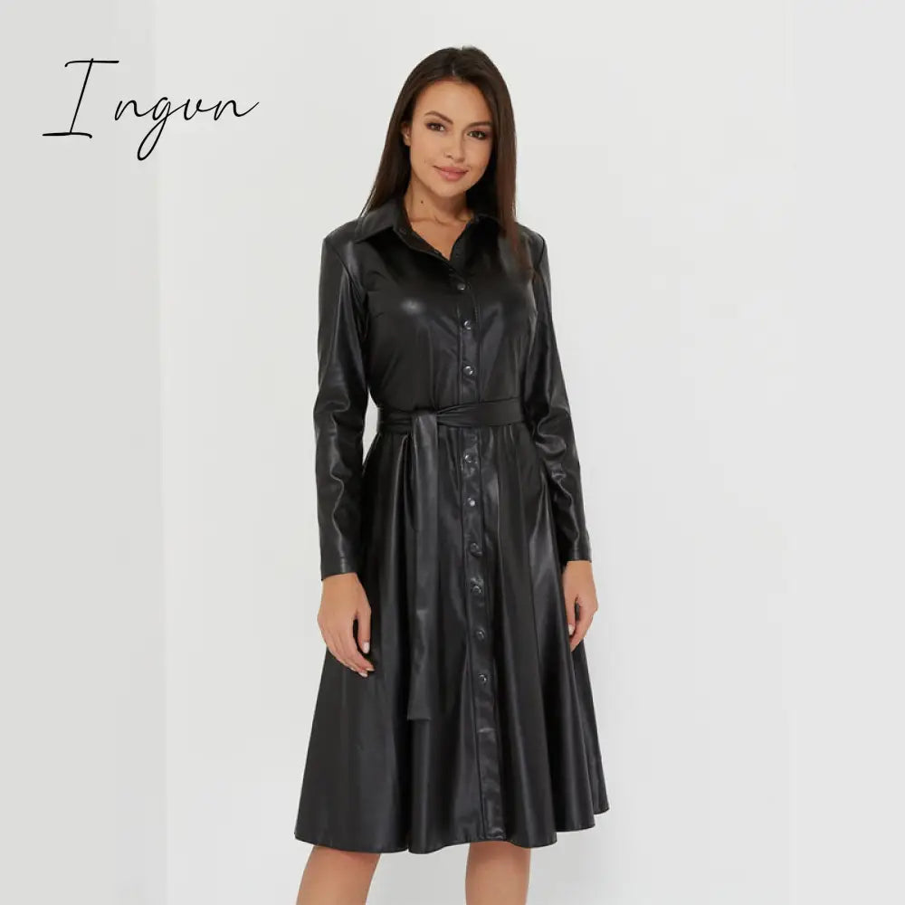Ingvn - Winter Casual Sashes Pu Leather A-Line Dresses Women Turn-down Collar Long Sleeve Solid Color Knee Dress Office Lady Wear