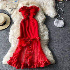 Ingvn - Trends high quality Women Spaghetti Strap Sexy Dress Strapless Bodycon Slim Red Dinner Party Dresses Mesh Patchwork Female Summer Long Dress